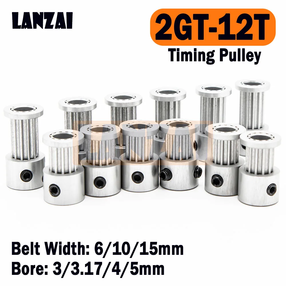 

LANZAI Aluminium 12T K Type 2GT Timing Pulley Bore 3/3.17/4/5mm Belt Width 6/10/15mm for 3D Printer 12 Teeth Synchronous Belt