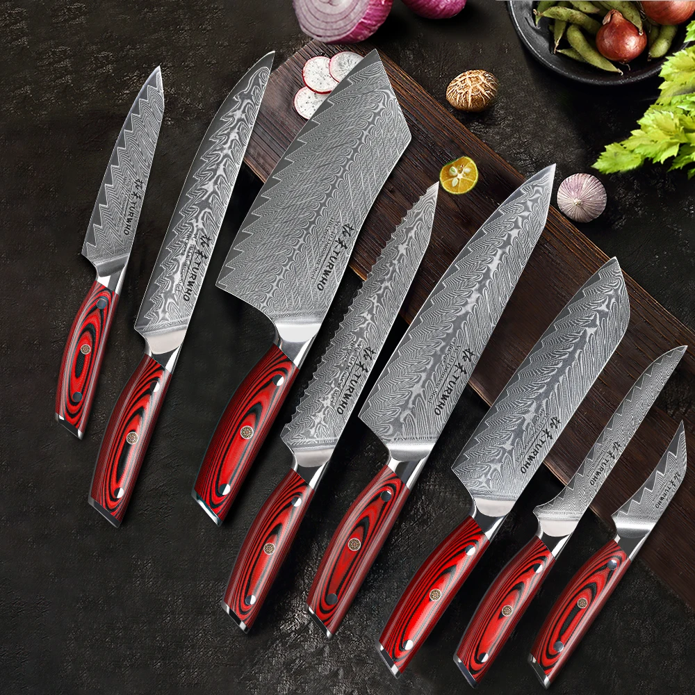 Imagem -02 - Turwho 8-pcs Facas de Cozinha Conjunto 67 Camada Aço Damasco Faca do Chef Japonês Santoku Desossa Cutelo Pão Faca Utilitário Corte