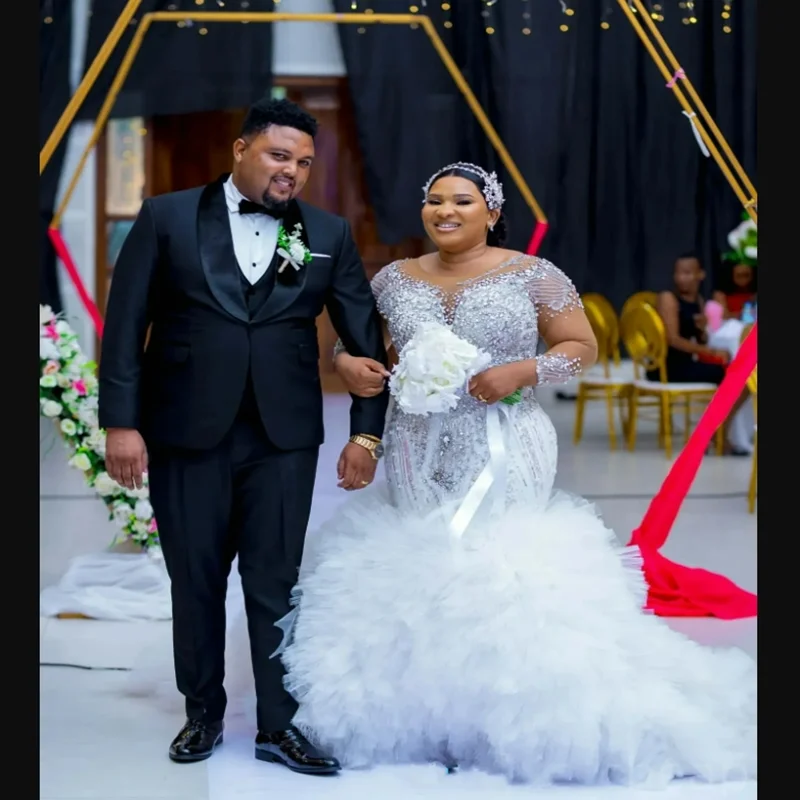 

Customized Plus Size Handwork Crystals Beads Mermaid Wedding Dress with Detachable Tiers Robe Mariée Long Sleeves Bridal Gowns