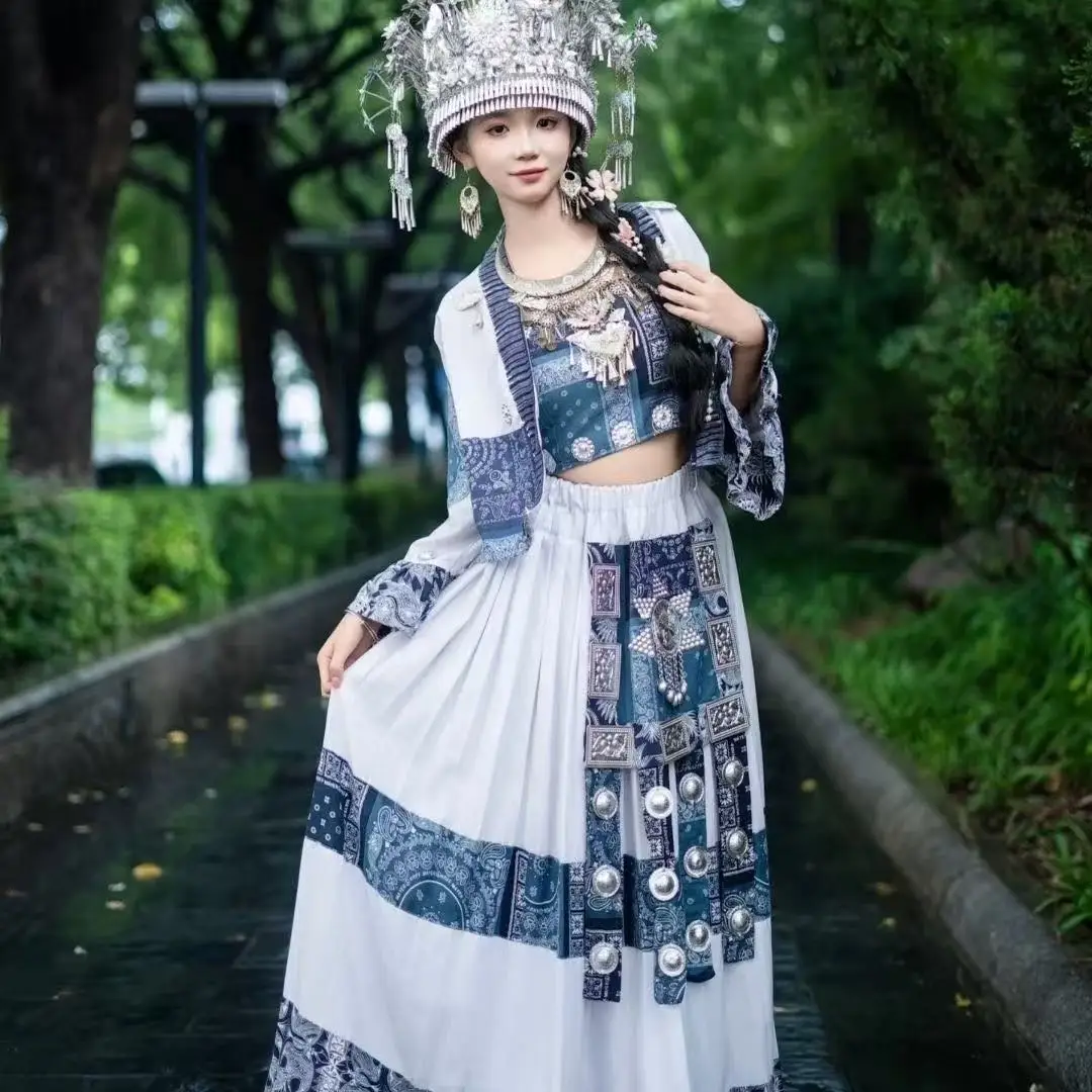 National Style Blue Hmong Costume Women's Traditional Chinese Clothing Dyeing Printing Stage Dance Dress Hmong Hanfu