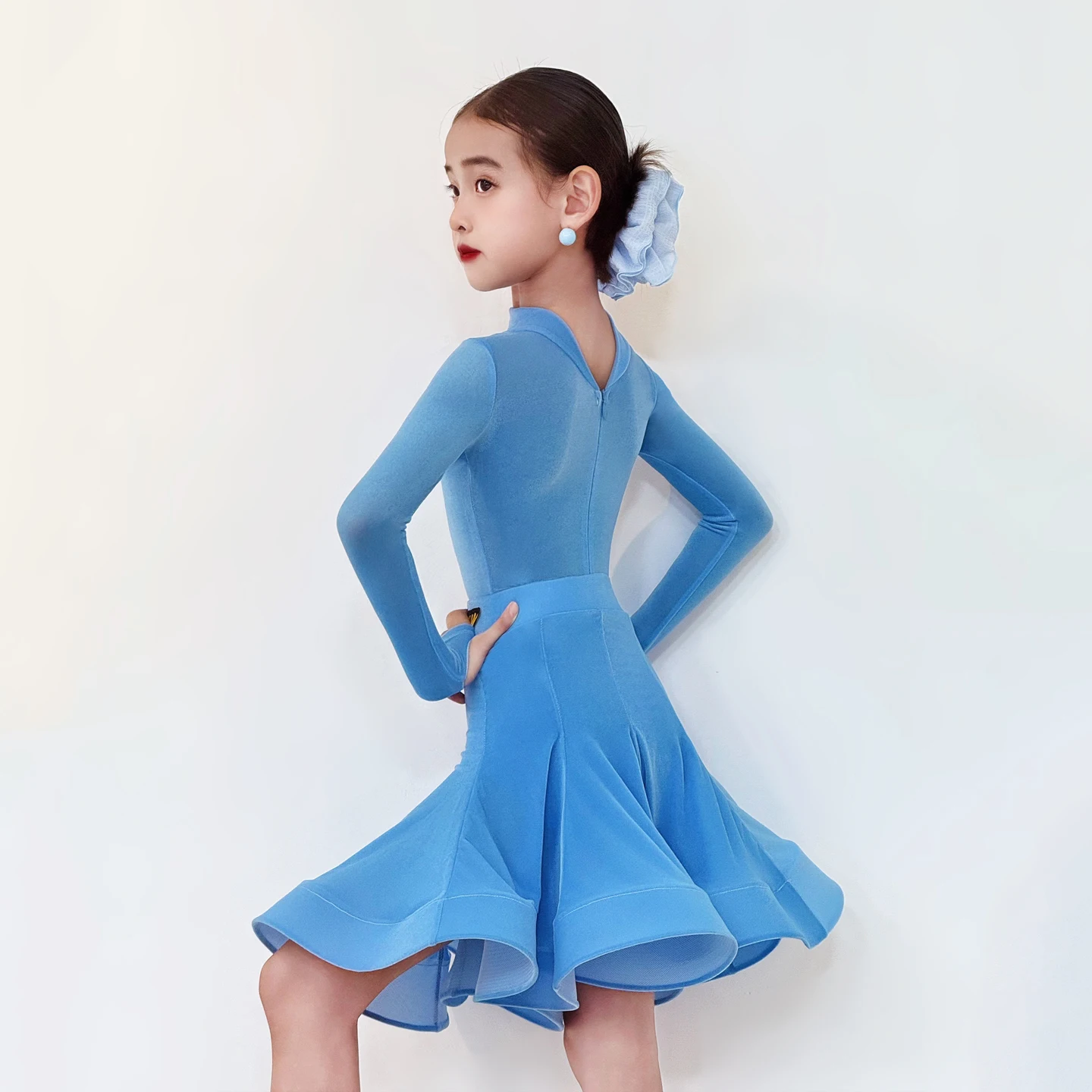 Mädchen Latin Dance Wettbewerb Kleidung Kind Bühne Leistung Anzug Professionelle Tanzen Outfit Langarm Latin Set Blau AMY2967