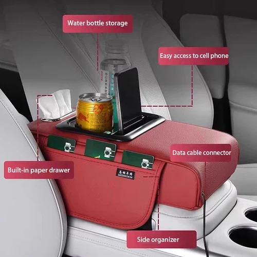 Imagen 2 del producto Caja de reposabrazos Usb Portcar, almohadilla de refuerzo con puerto Usb, caja de pañuelos multifunción para coche, caja de reposabrazos central de almacenamiento con soporte para vasos