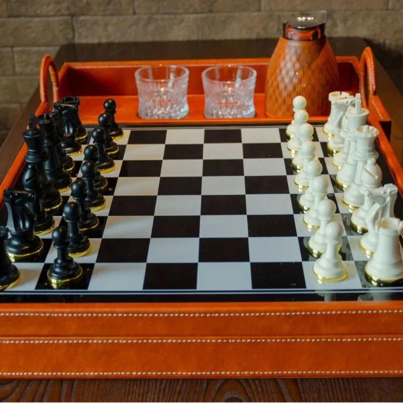 Chess, high-end leather box, painted chessboard, metal base chess pieces