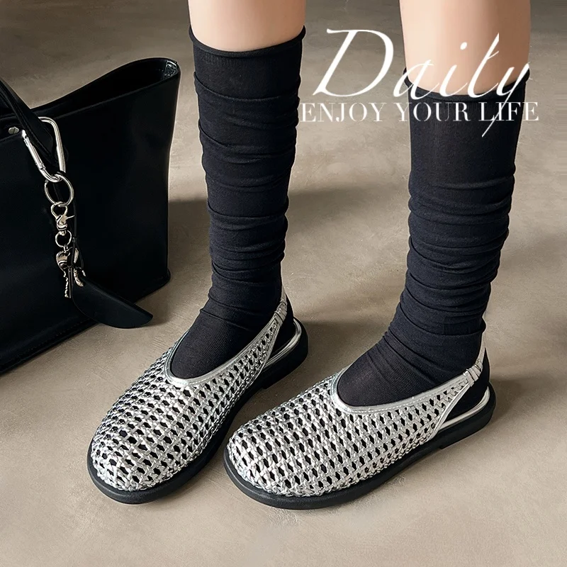 Women Shoes Summer Simple Shoes Weave Half Slippers Round Toe Girls Flats Korea Style Crystals Mules Elegant Daily Shoes Size 41