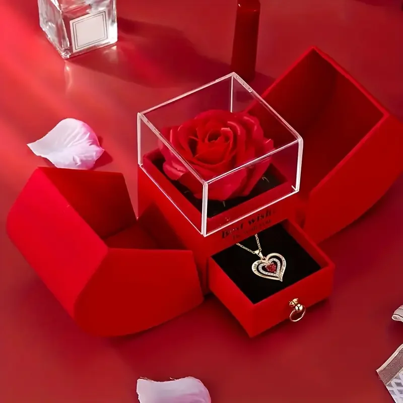 Heart Necklace with Red Rose Gift Box for Mother's Day Present, Christmas Day, Valentine's Date Souvenir, Anniversary Keepsake