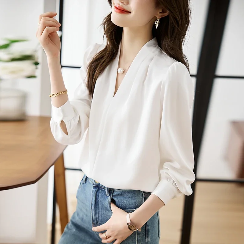 Office Lady V-Neck White Chiffon Long Sleeve Blouse Women Blouse Shirt Women Tops Blouses Blusa Blusas Mujer De Moda 2024 G794