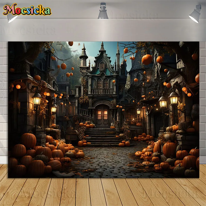 

Halloween Town Fall Pumpkin Photography Backdrops Kids Birthday Family Portrait Photocall Autumn Street Harvest Background Props