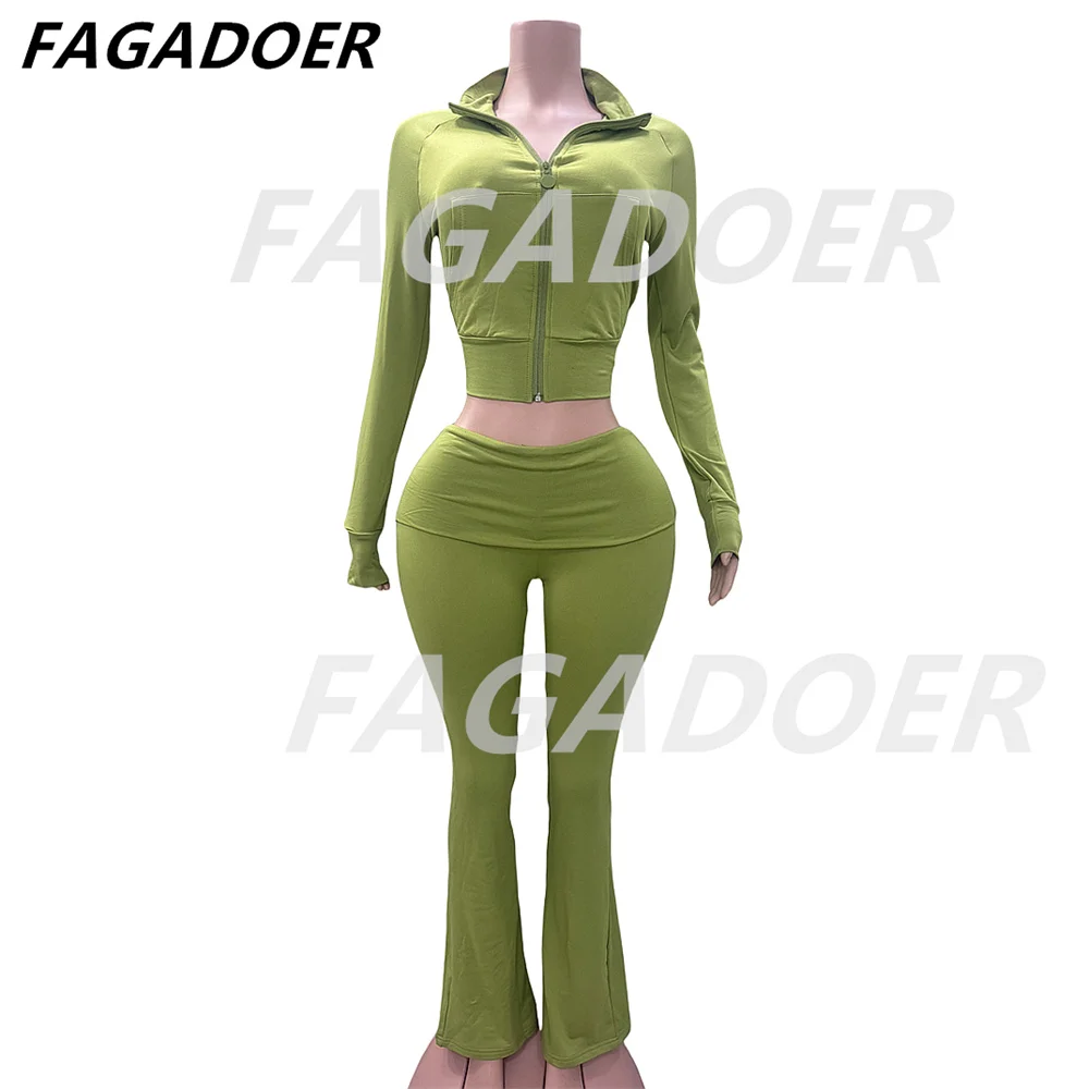 FAGADOER Autumn Winter 2 Piece Sets Women Outfit Casual Zip Pocket Crop Tops+High Waist Leggings Pants Suits Jogger Streetwear