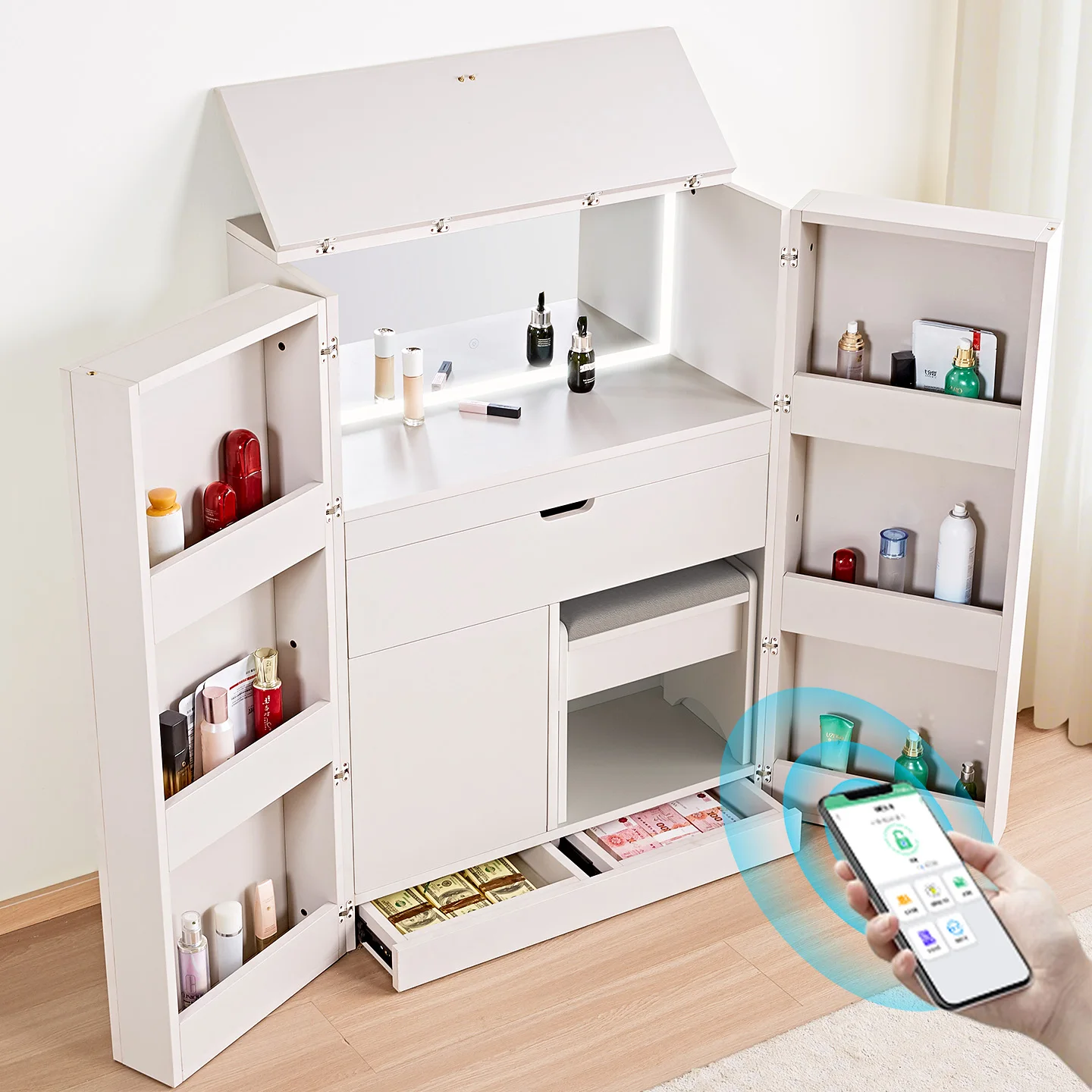 Dark compartment makeup table dresser modern bedroom smart mirror three-color dimming large storage locker practical type