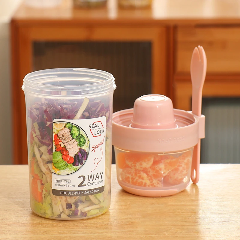 Breakfast Fruit Oat Yogurt Salad Cup With Lid And Spoon Two-layers Food Storage Bento Box Fitness Fat-Reduced Taper Bowl