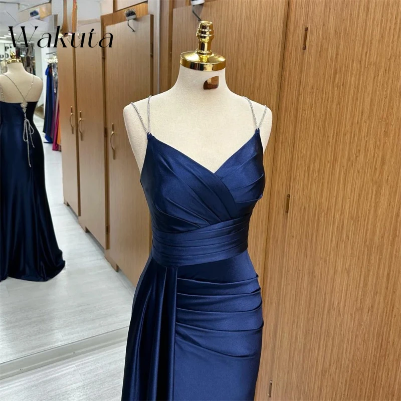 Wakuta Solid V-neck Sleeveless Evening Vestidos Long Pleated Chiffon Gowns with A Slim Fit Sparkling Dance Robe Elegante Mujer