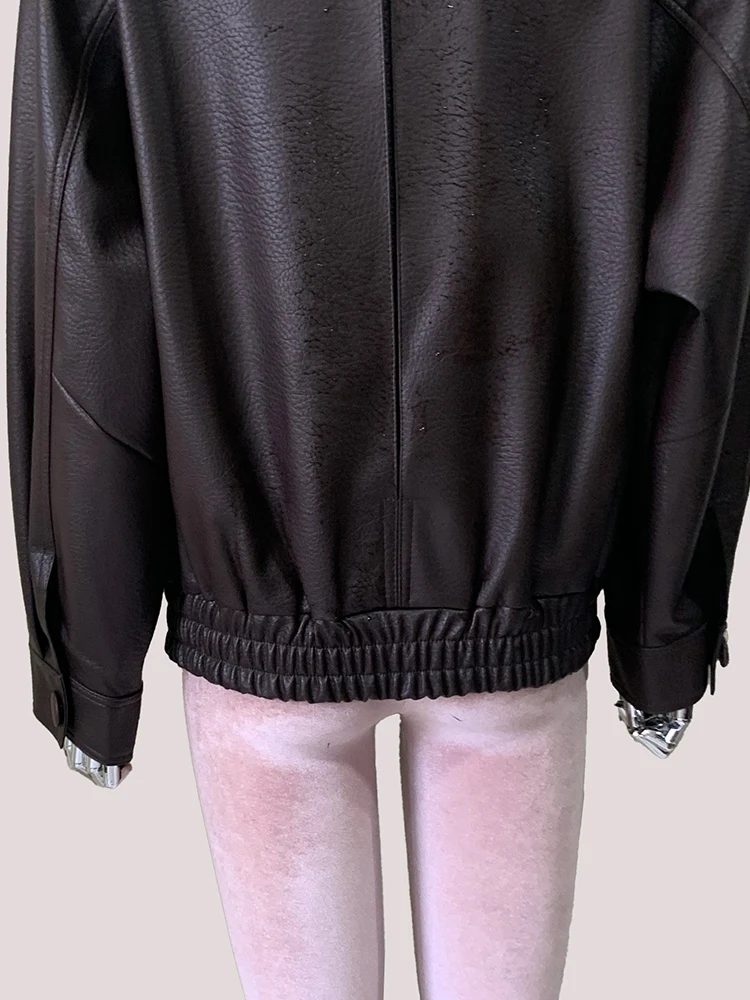 Lautaro primavera otoño corto suave marrón Pu chaqueta de cuero mujeres solapa pico doble botonadura elegante ropa de lujo