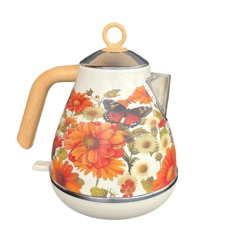 [NEW!A24P】 Retro Electric Kettle 1.7L EU Plug Auto Power Off Thermometer Included Handmade Decals Teapot For Quick Boiling