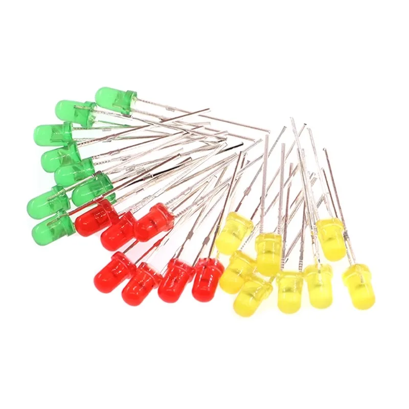 50pcs 3mm LED Light Emitting Diode Kit Yellow White Red Blue Green Color Bulb Lamp Set 3V PCB Assortment