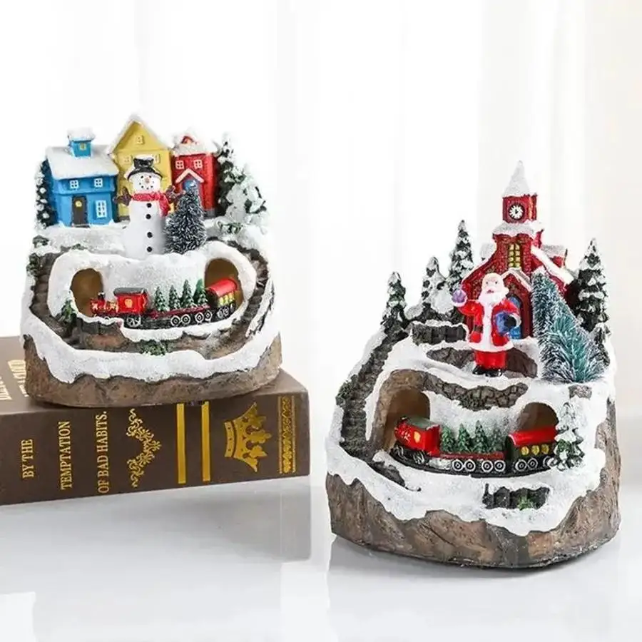 Christmas Village Music Box LED Light Resin House Figurine With Rotating Train Home Tabletop Xmas Holiday New Year Decoration