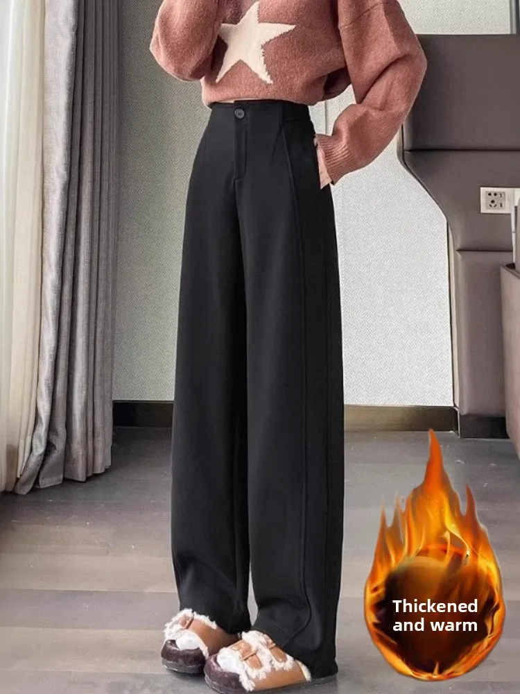 ハイウエストワイドレッグパンツ レディース 裏起毛ストレート冬用パンツ バナナサイスパンツ カジュアルロングパンツ
