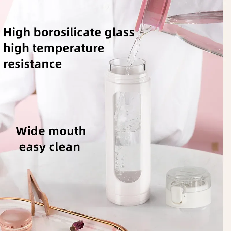 Double Portable Glass Cute Water Bottle with Plastic Sleeve Kawaii Cup Tumbler with Straw Gifts for Girls Milk Coffee Juice