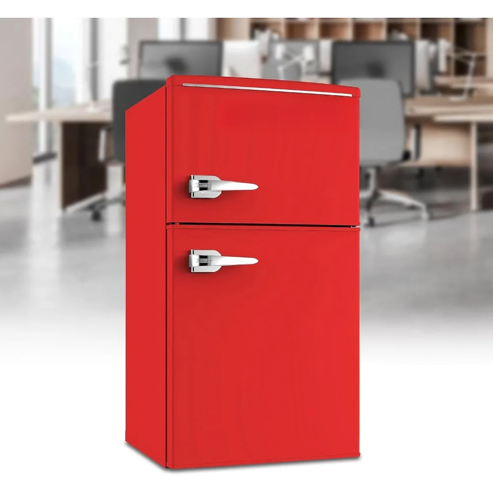 Mini Fridge with Freezer Retro-Styled for Home Office or Dorm, Features Dual Doors Removable Glass Shelves Manual