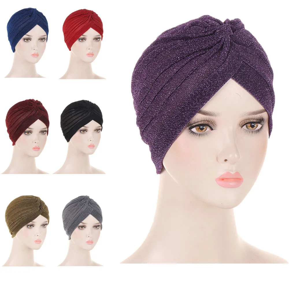 

Muslim Women Hijab Inner Hat Chemo Cap Beanies Turban Indian Shiny Glitter Bonnet Cancer Hair Loss Headwear Wrap Headcover Mujer