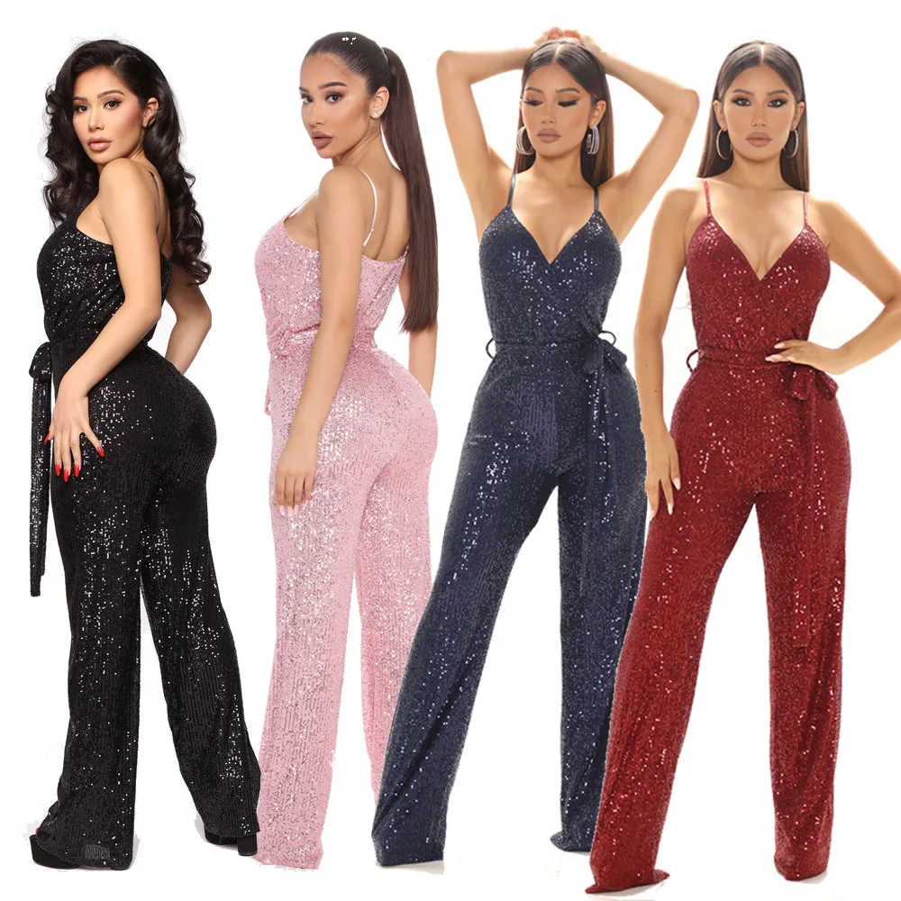 

2022 New Women Jumpsuits Women's Sequin Splicing Sling Open Back Belt Bodysuit Party Prom