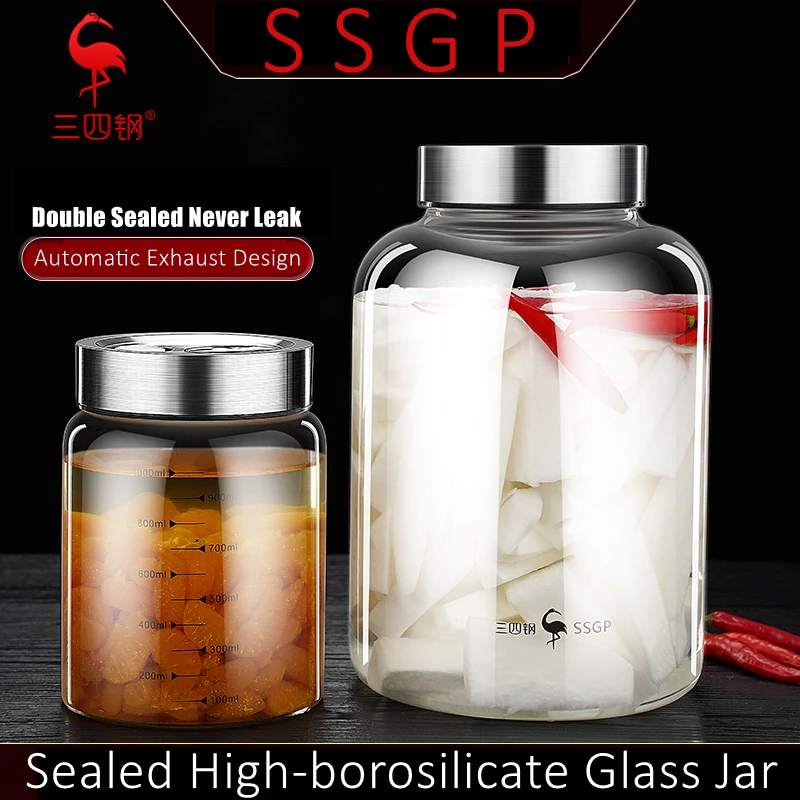 LFGB Certificated Ultra Hardness High-Borosilicate Glass Kimchi Jar Automatic Air Exhaust Cover Kitchen Sauerkraut Ferment Crock