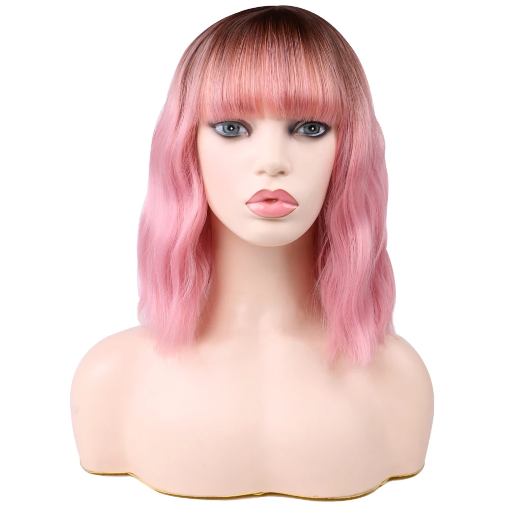 짧은 자연스러운 웨이브 가발 바디 웨이브 밥 가발 앞머리 여성용 내열 핑크 합성 밥 가발 어깨 길이