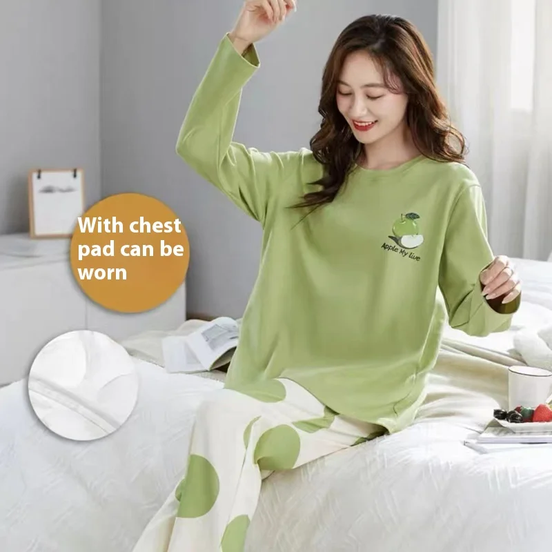 2Pcs/set women\'s pajamas with corset cushion plus size home wear fall and winter long-sleeved long pants cartoon girl clothes st