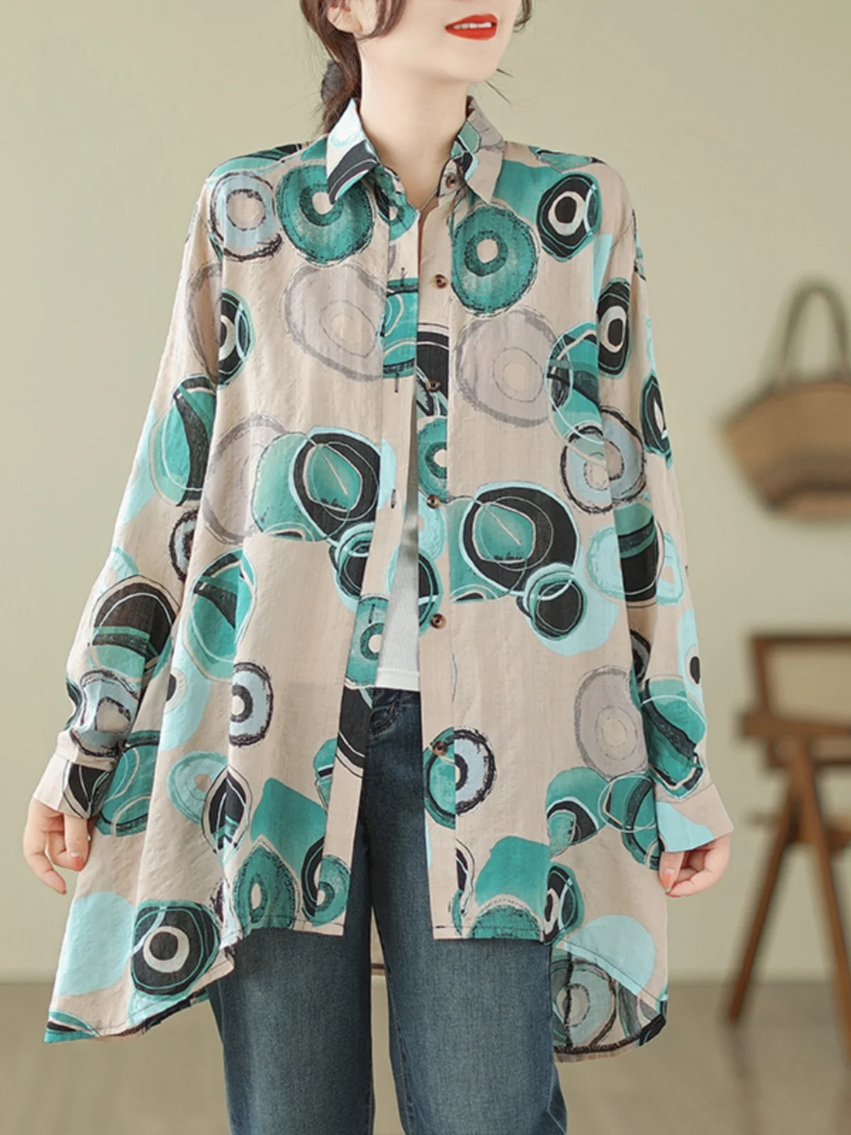 

Необычная рубашка SuperAen с принтом в стиле ретро, осень 2024, Повседневная Свободная рубашка средней длины для женщин