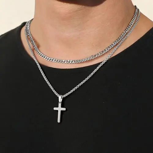 

Cross Necklace for Men Stainless Steel Silver Black Gold Layered Chain Cross Pendant Necklace Cuban Link Chain Jewelry Gifts