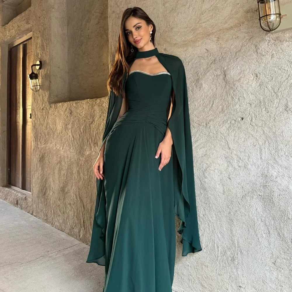 Customized Green Simple Modest Chiffon Pleat Shawl A-line High Collar Floor-Length Evening Dresses For Birthday Party