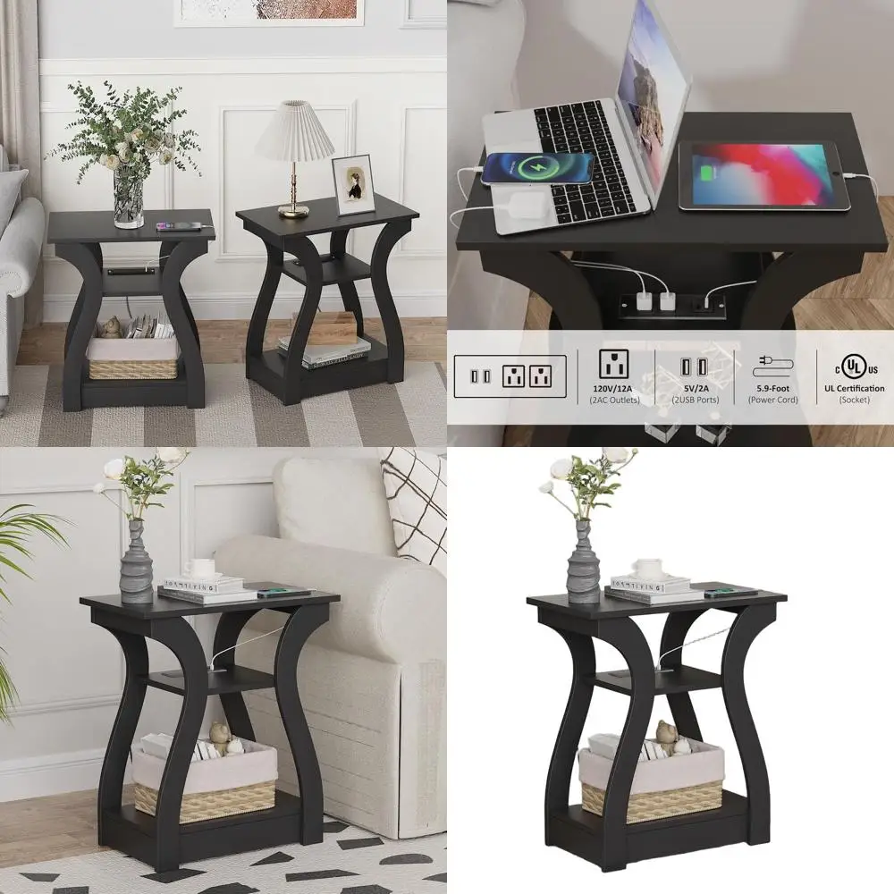 

Black 3-Tier Charging End Table with USB Ports and Outlets for Living Room and Bedroom Storage