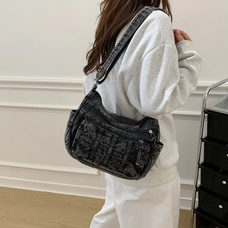Solid Denim Zipper Sewing Thread Large Capacity Shoulder Bag 2026 High Quality Versatile Simplicity Single Women's Shoulder Bags