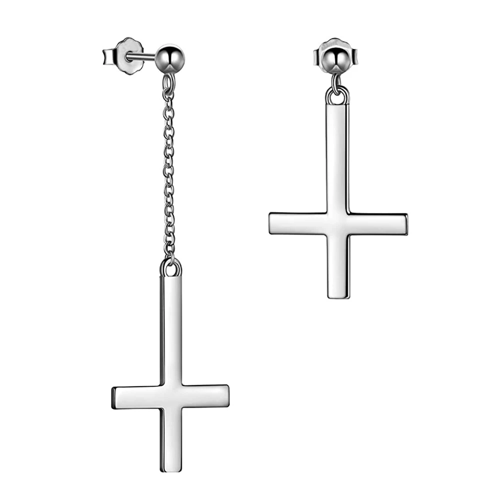 WKOUD Mens Cross Stud Earrings Religious Christian Cross Dangle Earrings Boys Hip Hop Stainless Steel Asymmetry Cross Jewelry