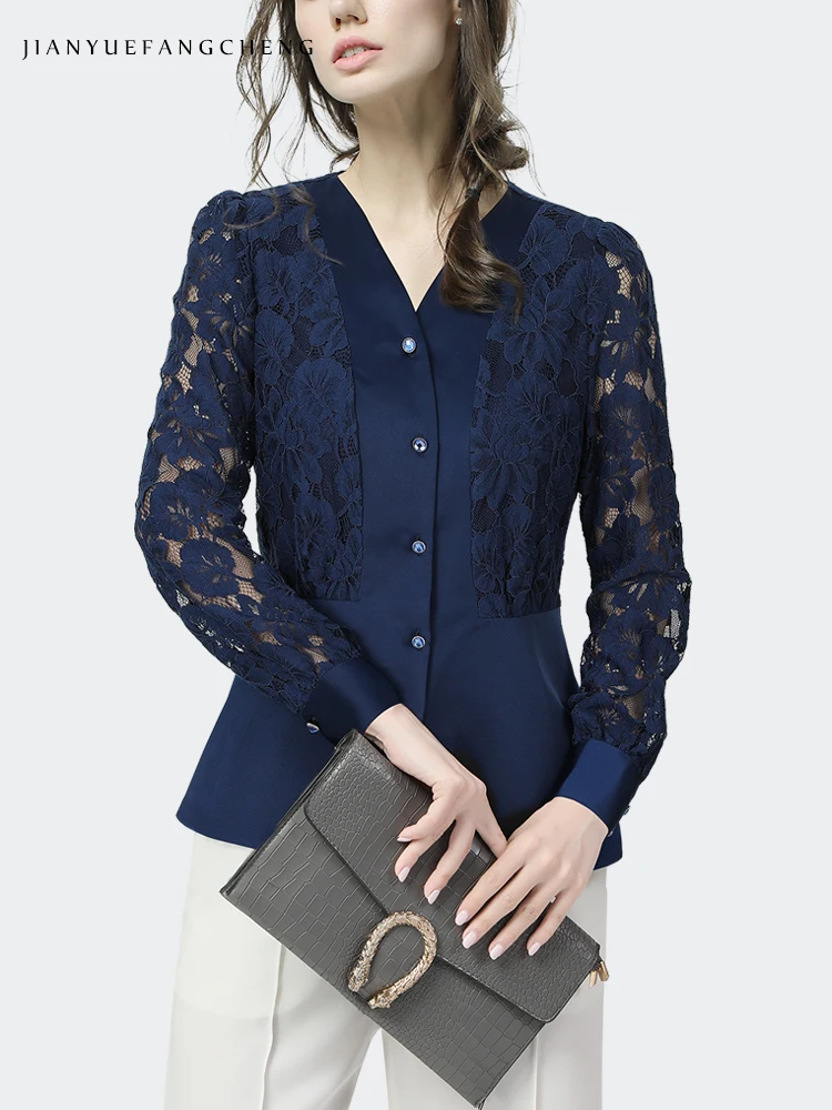 Fashion Hook Flower Hollow Women Blue Lace Top Long Sleeve V-neck Button-down Shirt Elegant Slimming Fit Vintage Casual Blouses