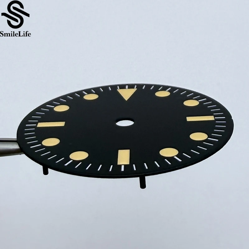 SmileLife 28.5mm Round Sterile Green Lume Triangle Markers Vintage Watch Face Dial Suitable NH35 Automatic Movement Mod Parts