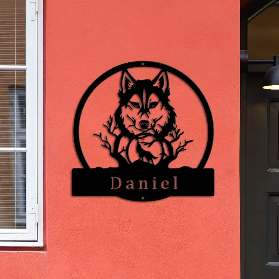 

Trendy Wolf House number sign Address plaque Metal Panel Housewarming Gift Name Plaque Customization The protector of the forest