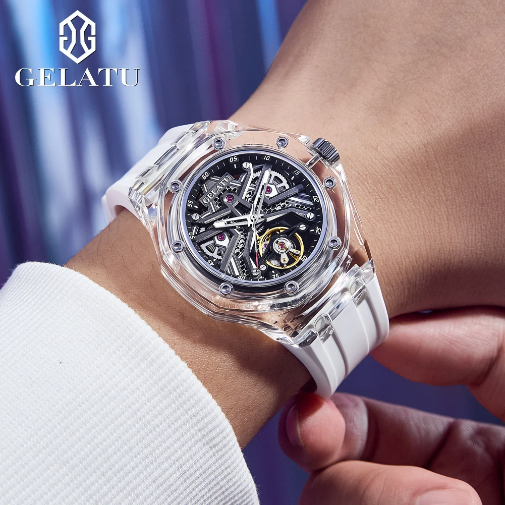 GELATU 8002 Hohl Herren Automatische Mechanische Uhr Top Luxus Transparente Lünette Silikon Wasserdichte Uhr Neue Männer Sport Uhr