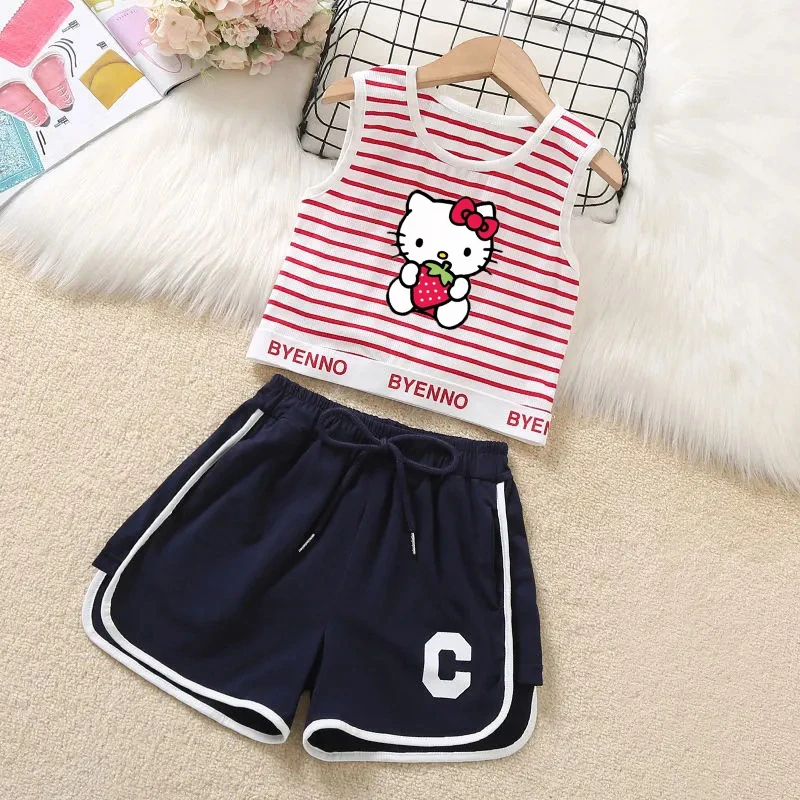 

New Sanrio Hello Kitty My Melody Kuromi Children Undershirt Shorts Set Summer Casual Sports Short-Sleeved Shorts Girl Two-Piece