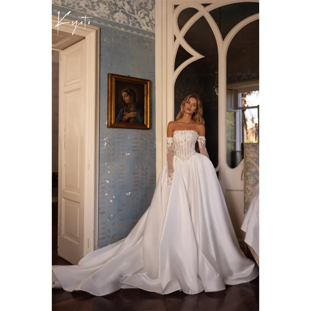 

Kyoto Customized Glitter Detachable Lace sleeve Wedding Dress Off The Shoulder فستان زفاف Corset Court Train Robe de ma