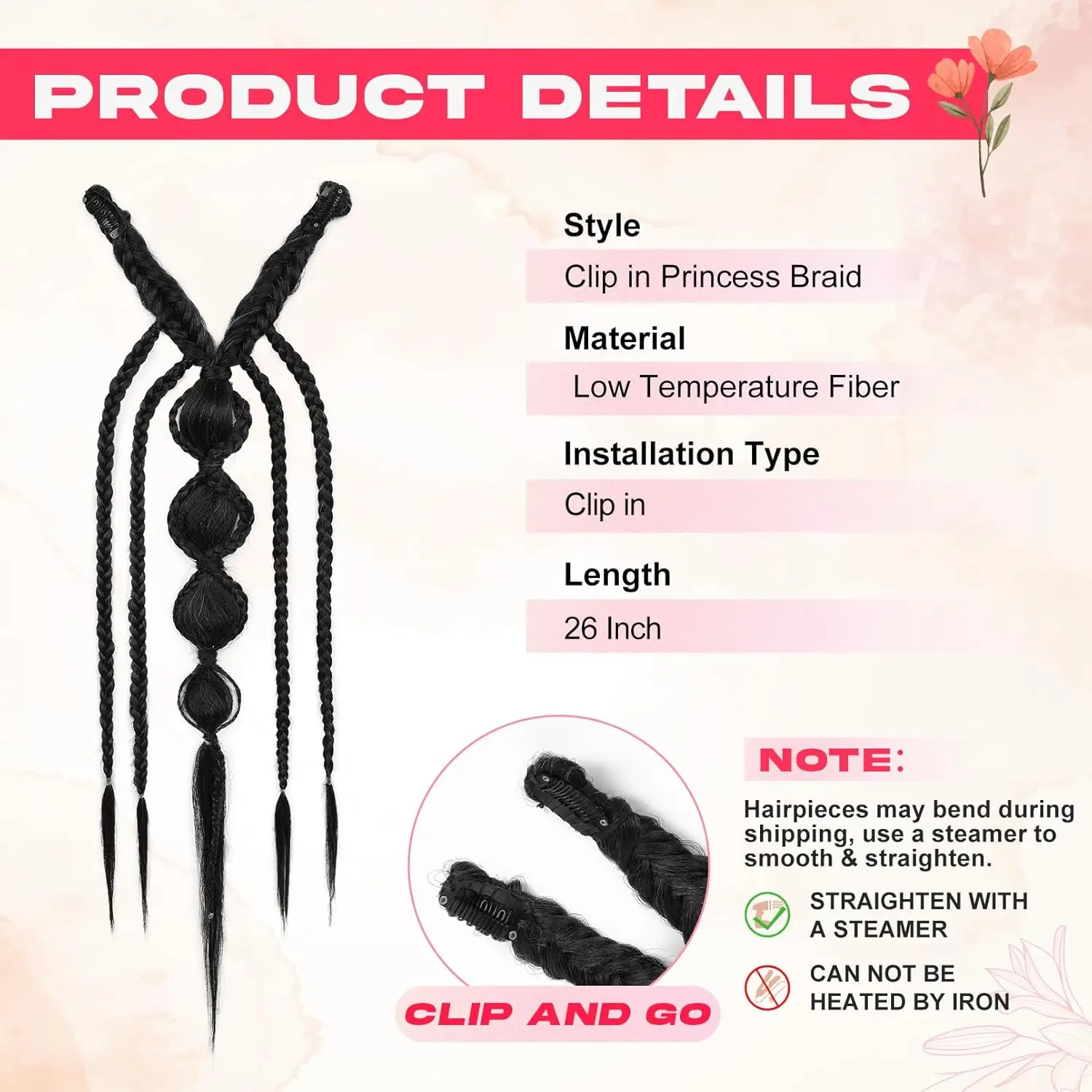 LM Synthetic Clip in Braid Hair Extensions - Boho Festival Princess Braid Hair Extension, Fairy Cosplay Wedding Hairpiece for Wo