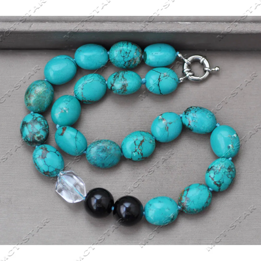 MTC·STAR Set 18'' 18mm Green Egg Turquoise Clean Real Crystal Black Agate Bead Necklace Earring (Z14051)