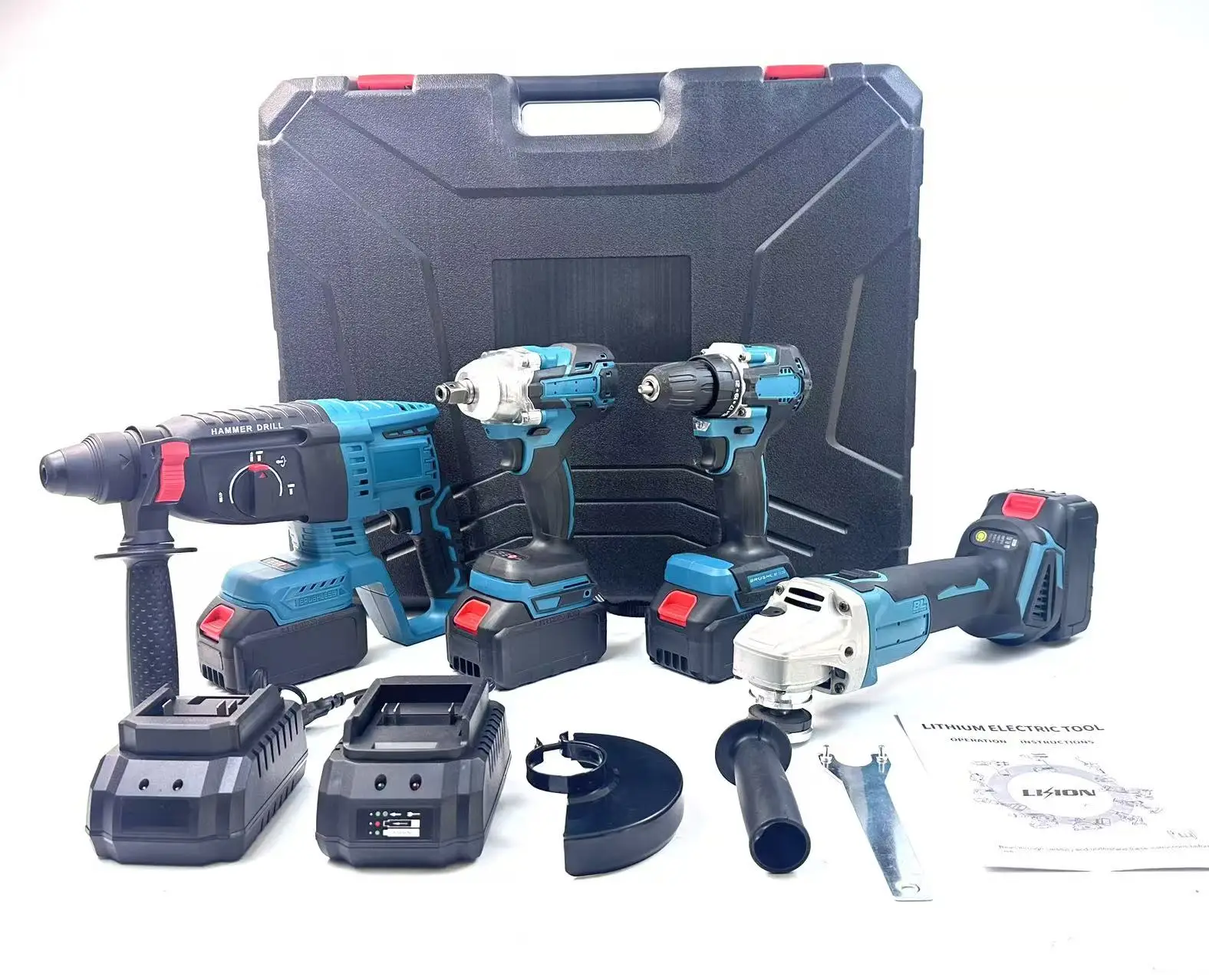 4-Piece Cordless Brushless Electric Hammer Drill Angle Grinder & Wrench Combined Multi-Tool Kit-Customizable Sample Kit
