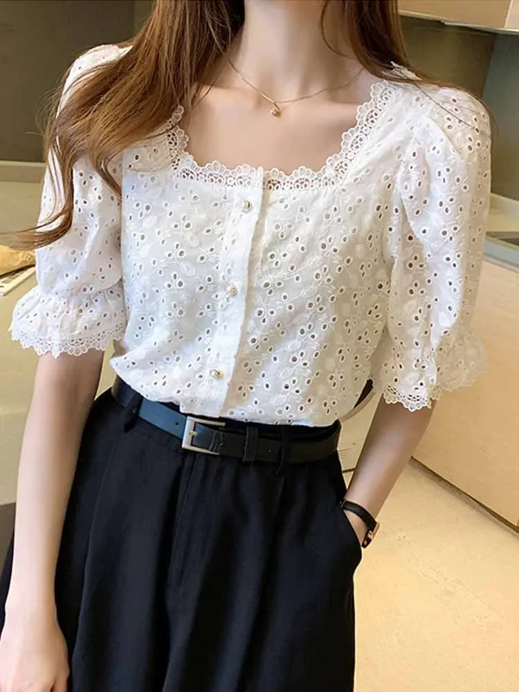 Summer Vintage Square Collar White Shirt Short Sleeve Hollow Out Elegant Women Blouse Clothes Lace Loose Tops 13934