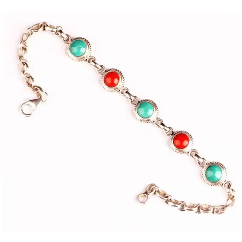 Creative retro ethnic style southern red tourmaline turquoise bangles silver 925 round bead charm bracelet for women jewelry