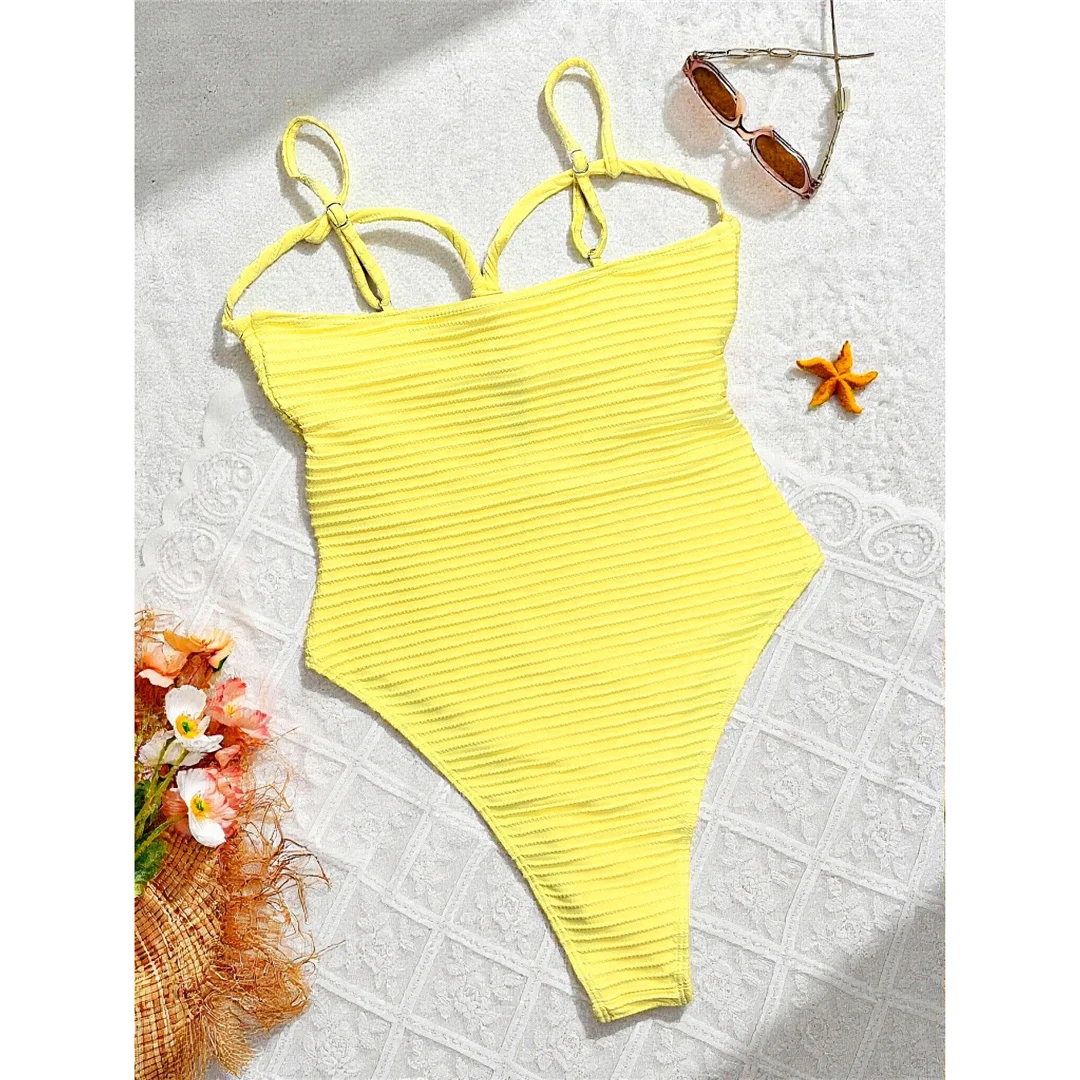 Sexy gerippter Badeanzug mit Ausschnitten und U-Ausschnitt für Damen, einteiliger Badeanzug, Monokini, hoch geschnittene Beine, gepolsterter Badeanzug, Badeanzug, Schwimmanzug V7604 – Detail 12