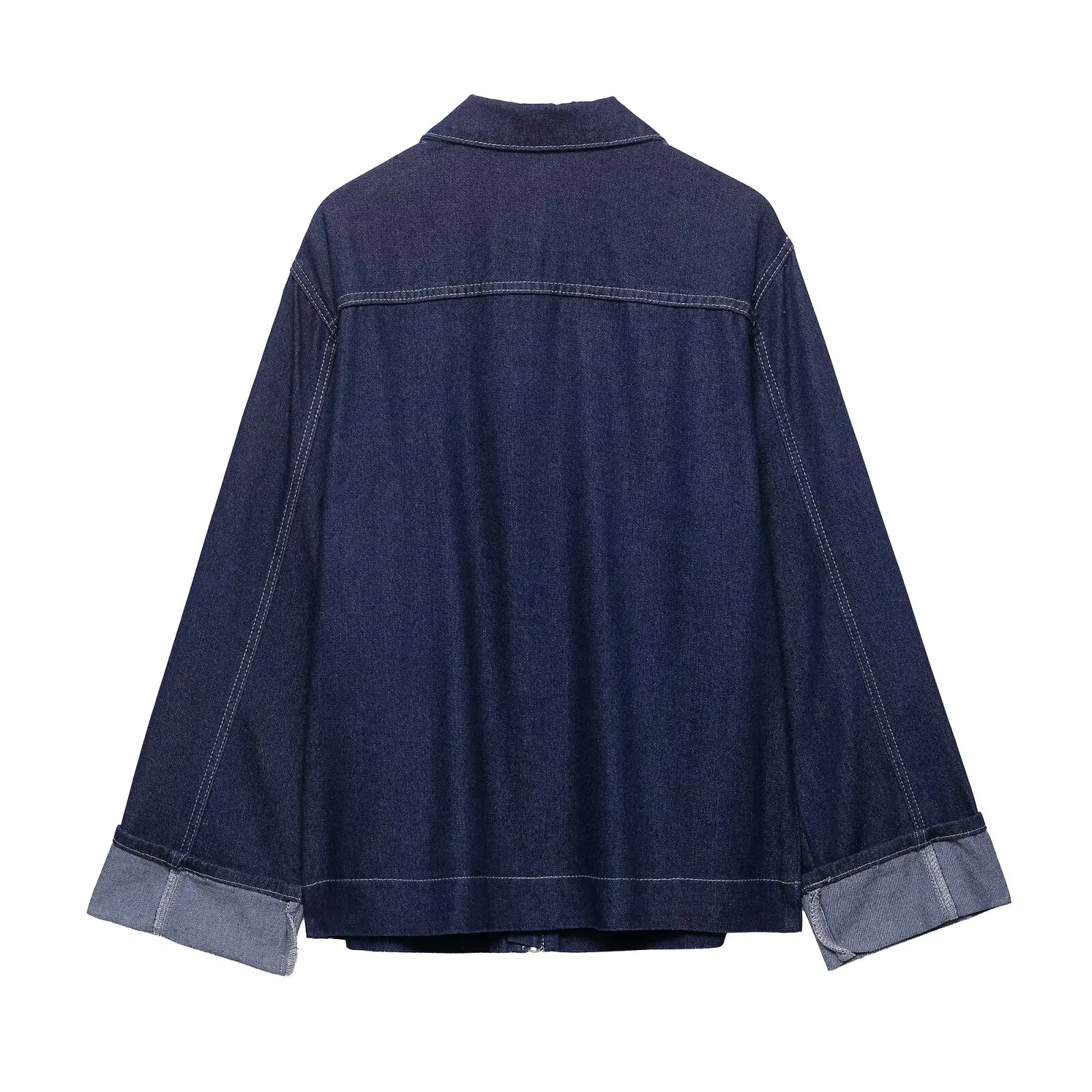2025 DONNA Moda Stile Europeo e Americano Autunno Nuova Manica Arricciata Denim Top Chic Risvolto Cerniera Cappotto Allentato Tuta Sportiva Mujer