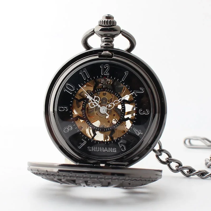 Relojes de bolsillo de moda, reloj mecánico automático, esqueleto Steampunk, cadena Fob, negro