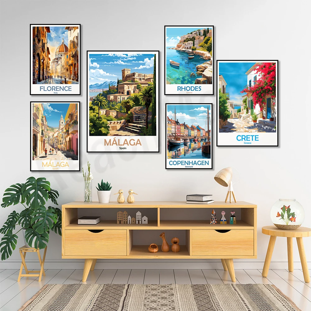 Lanzarote, Crete, Copenhagen, Valletta, Malta, Florence, Rhodes, Greece, Malaga, Positano, Italy, Berlin Germany travel posters
