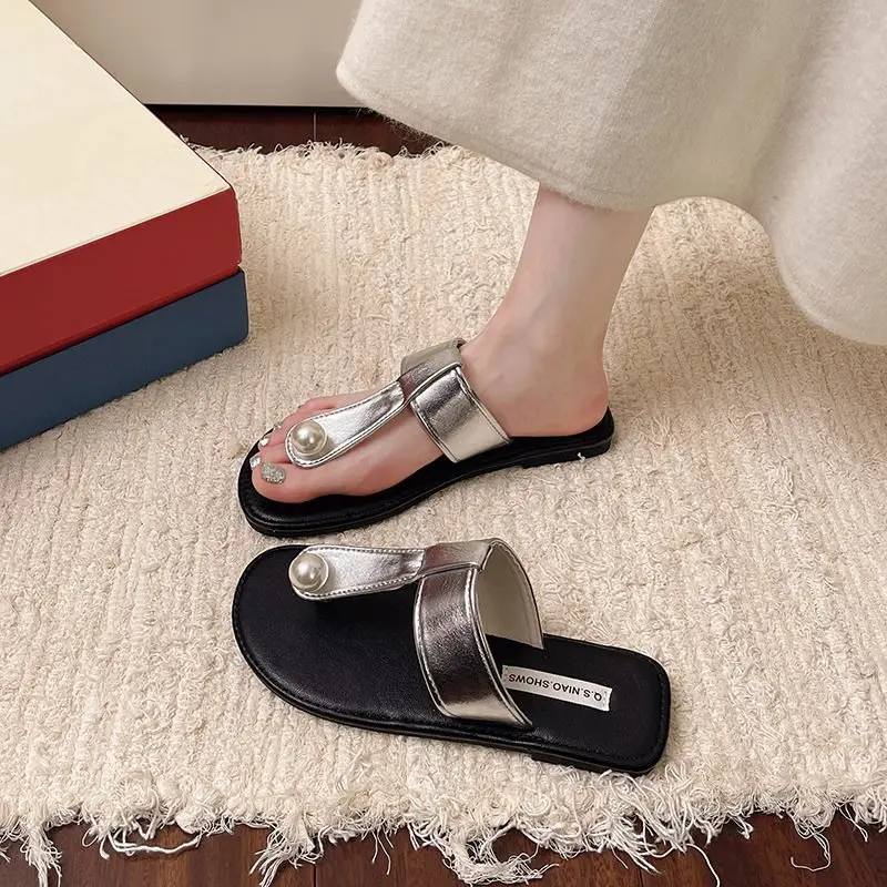 

Women's Summer French Pearl Thong Sandals Fairy Style Outerwear Fashion Pinch Toe Flat Slippers Leisure Holiday Beach Flip Flops