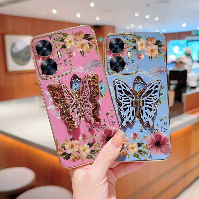 C 55 Flower Butterfly Plating Holder Phone Case For OPPO Realme C35 C53 C63 C33 C55 C67 C25Y 10Pro 12 12Pro 11Pro 10 10T Cover